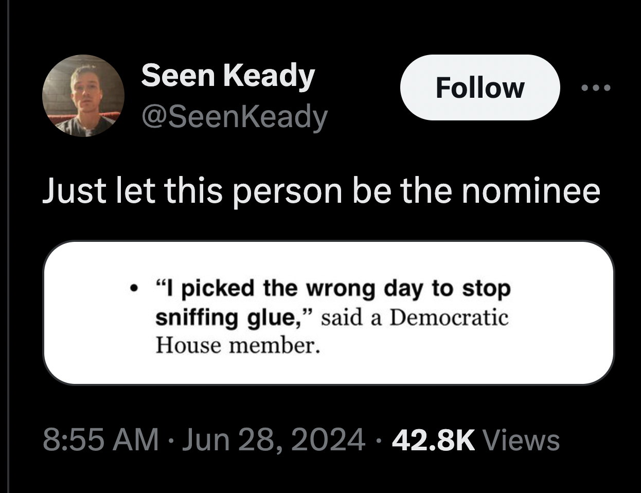 screenshot - Seen Keady Just let this person be the nominee "I picked the wrong day to stop sniffing glue," said a Democratic House member. . Views .